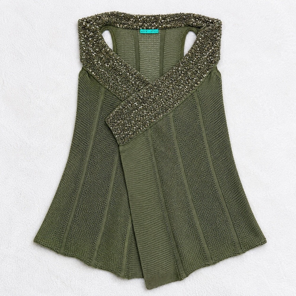 Alice + Olivia Olive Green Beaded Sequin Draped Knit Vest Cardigan 100% Cotton
